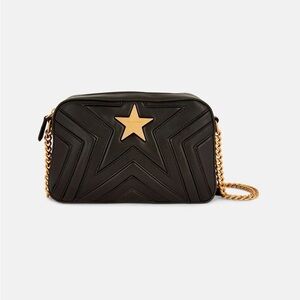 Stella McCartney Black Quilted Star Camera Bag with Gold Chain Strap